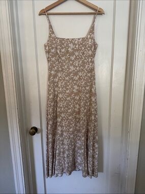 Beige Floral Spaghetti-Strap Midi Dress